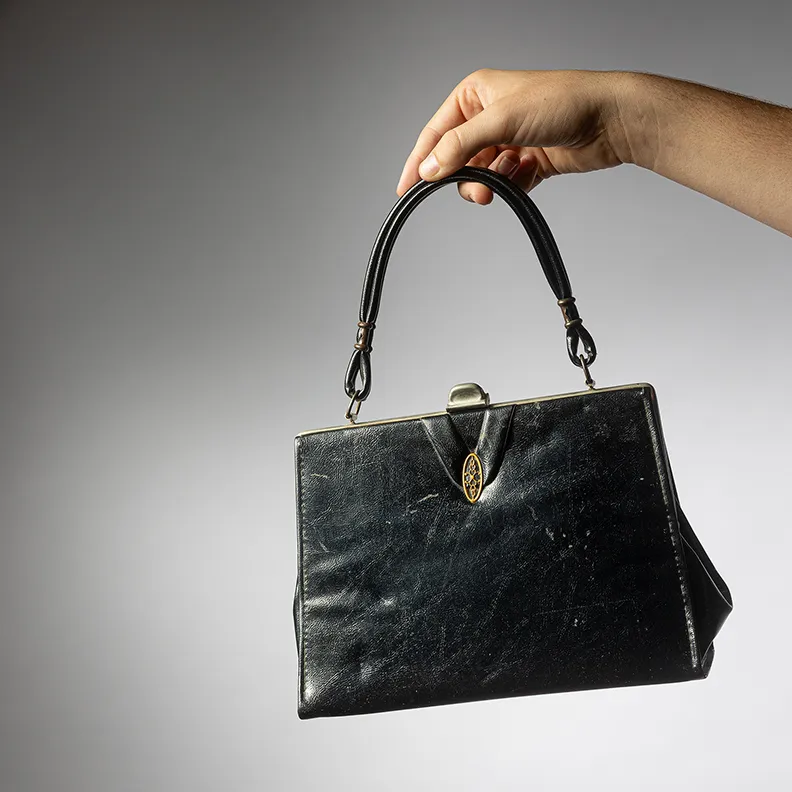 Vintage Rigid Small Black Leather Handbag Ornate Gold Buckle