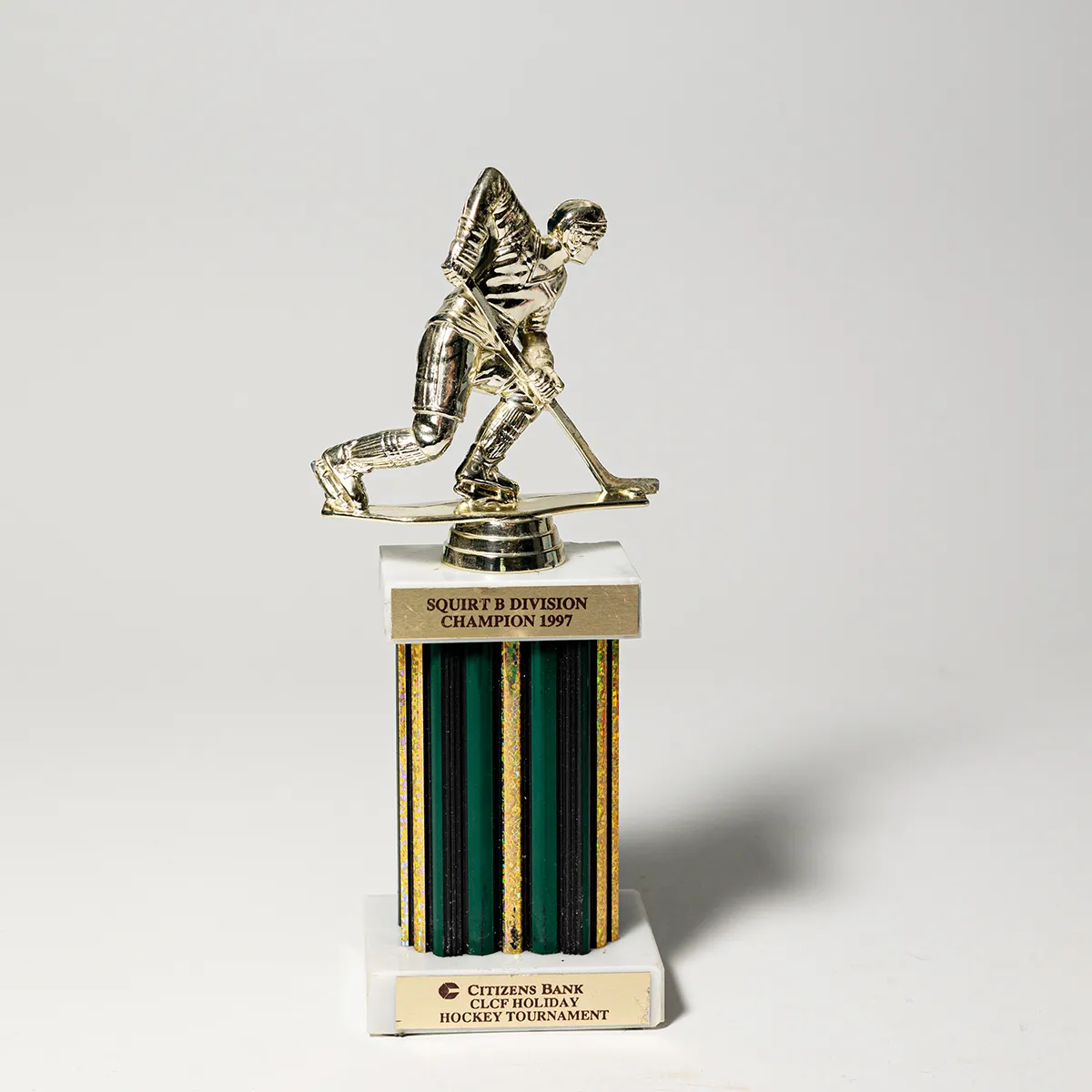 White Marble and Green and Gold Plastic Vintage Hockey Trophy