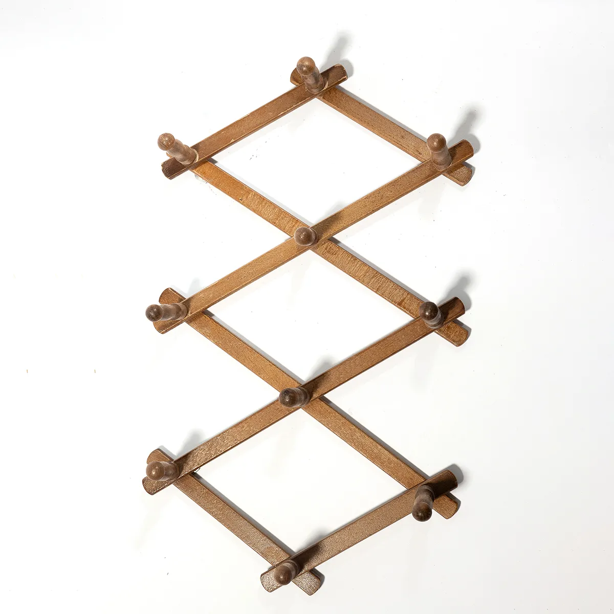 1970 Wood Peg Rack Vintage Accordian Wooden Wall Rack Scissored - 12.5"