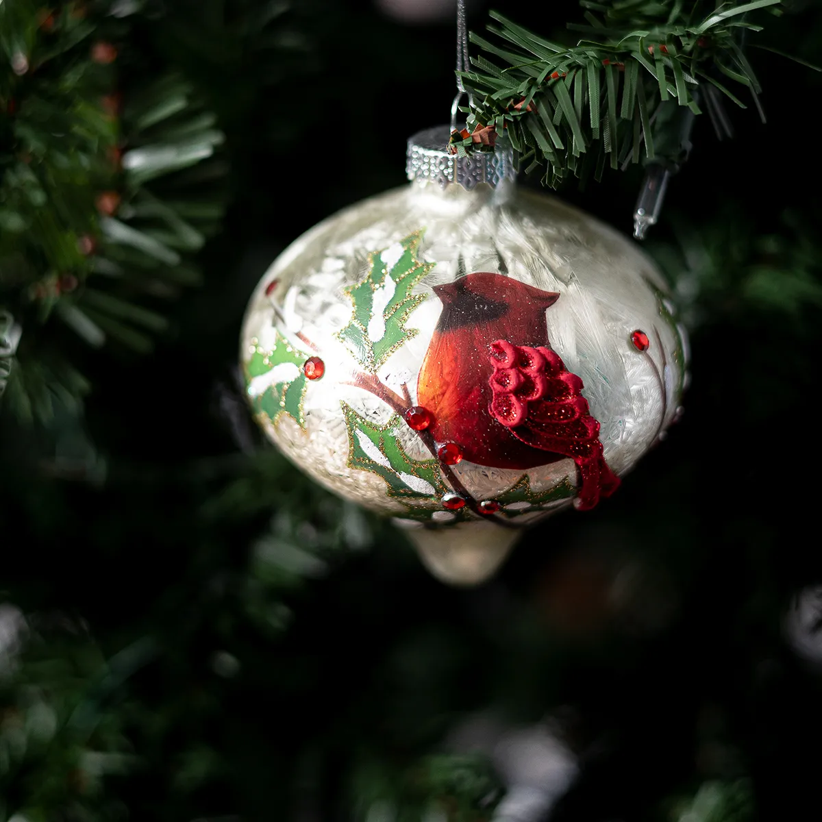 Red 3D Cardinal sitting on a holly branch silver Christmas Tree Bulb Ornament, Glass