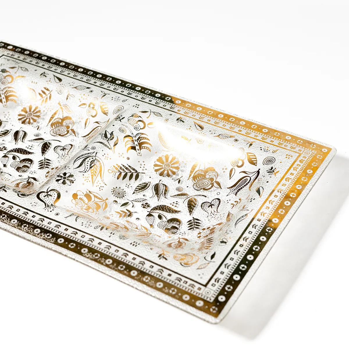 Vintage Gold Leaves Flowers 2 Section Divided Dish Rectangular MCM