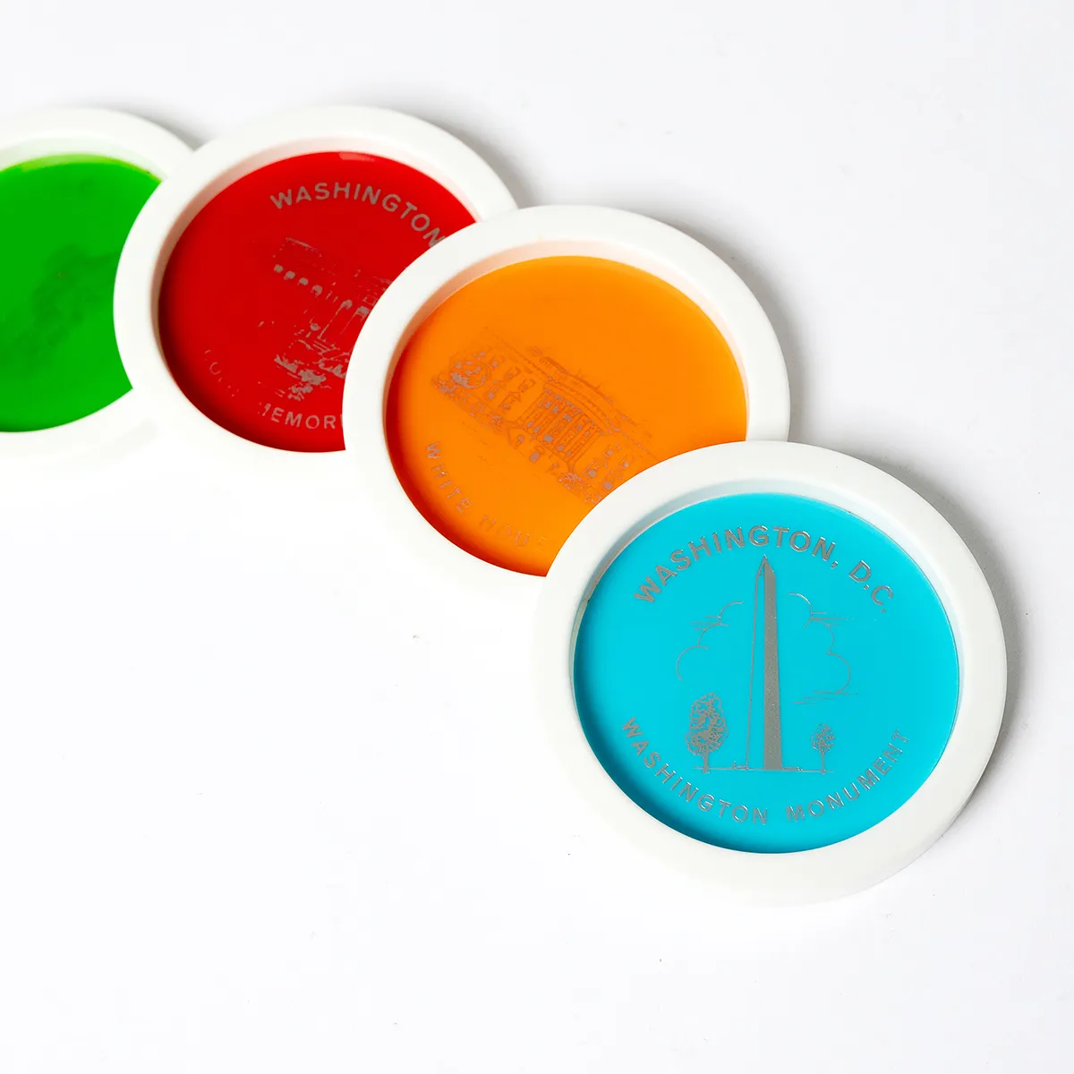 Set 4 Washington DC Souvenir Plastic Coasters Green Blue, Orange, Red
