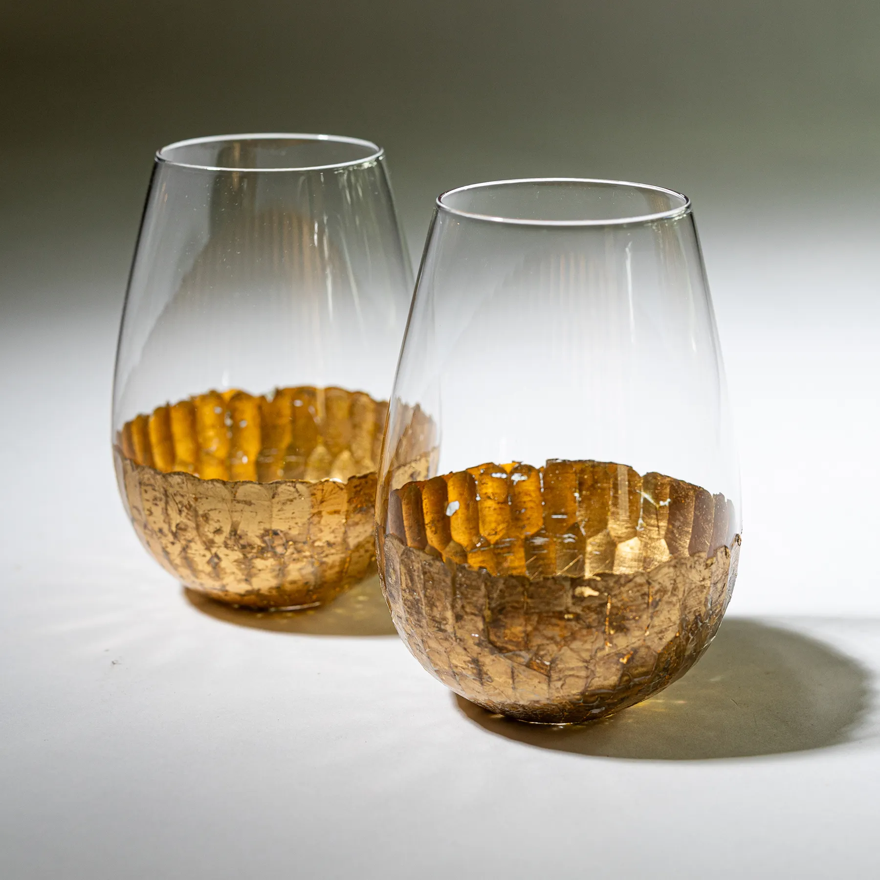 Wide Stemless Wine Glasses Gold Bottom - 