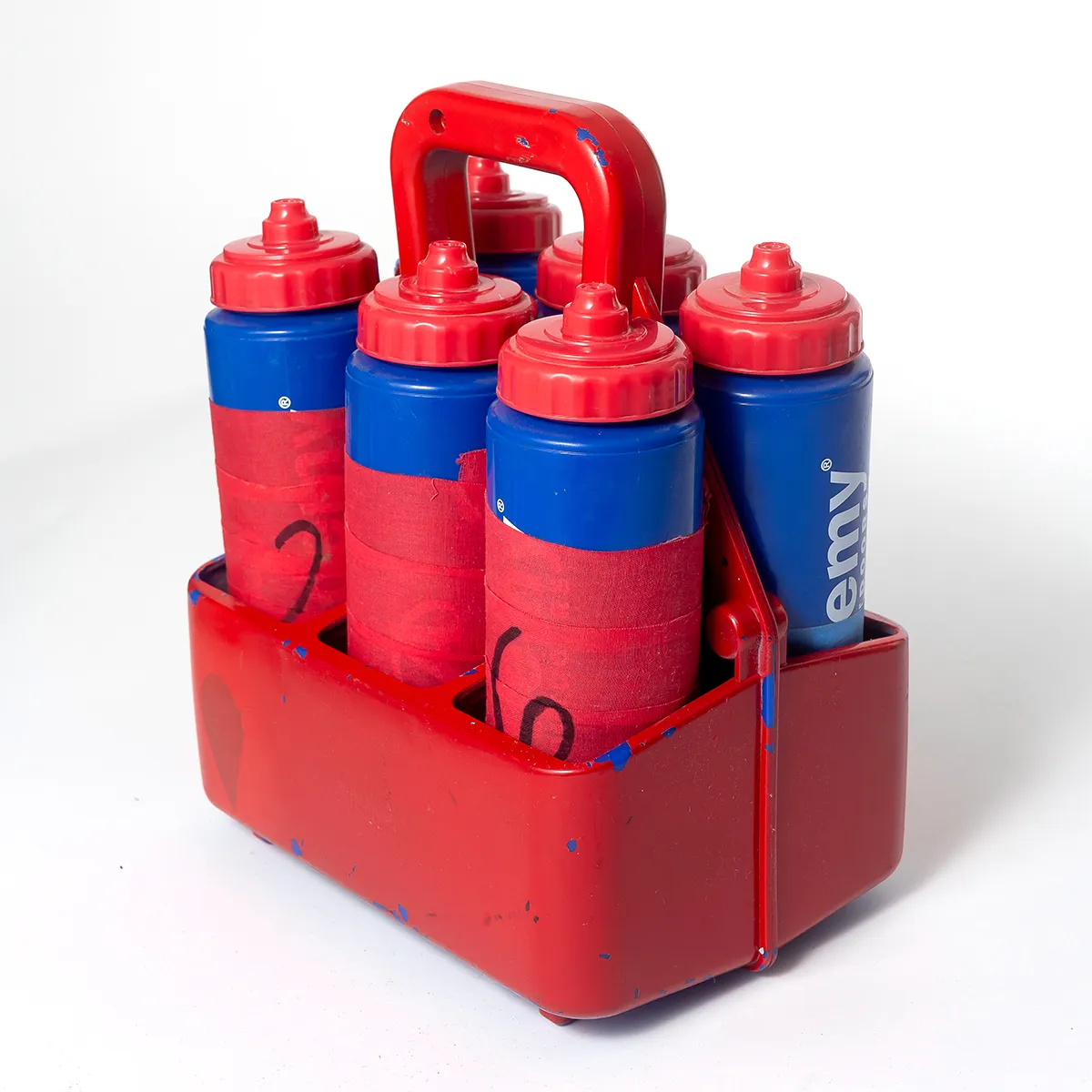 Sports and Outdoors: Used lived in Sports Water Bottles Blue Plastic Bottles with Red Carrier- 7" x 10" x 13"