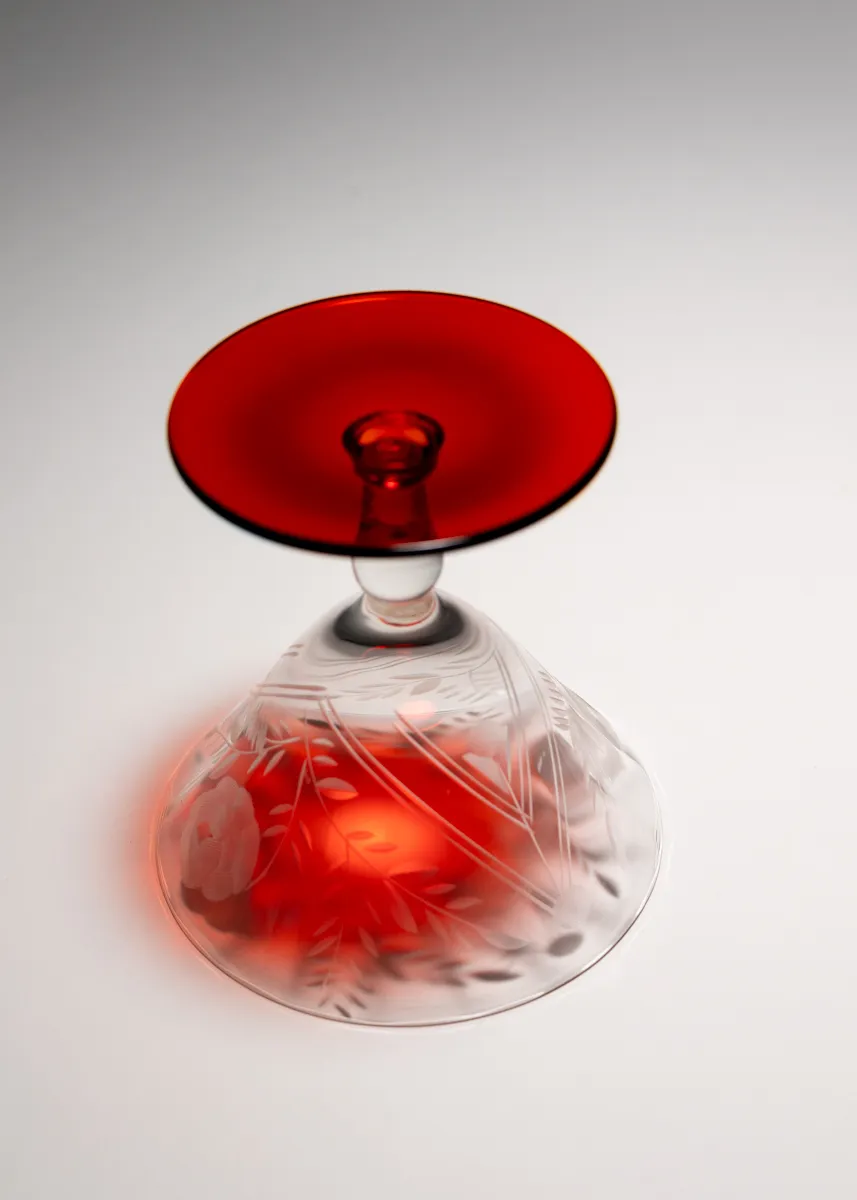 Small Short Clear Martini Glass with etched flowers and lines into the bell, Clear Red Bottom 2, pair