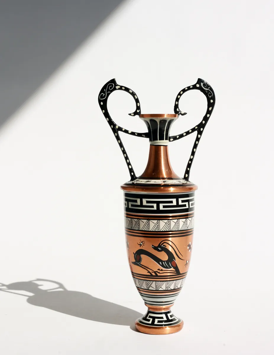 Vintage Greek Hand Painted Black and White Painted Details and Scenes Etched Copper with Brass Urn Vase
