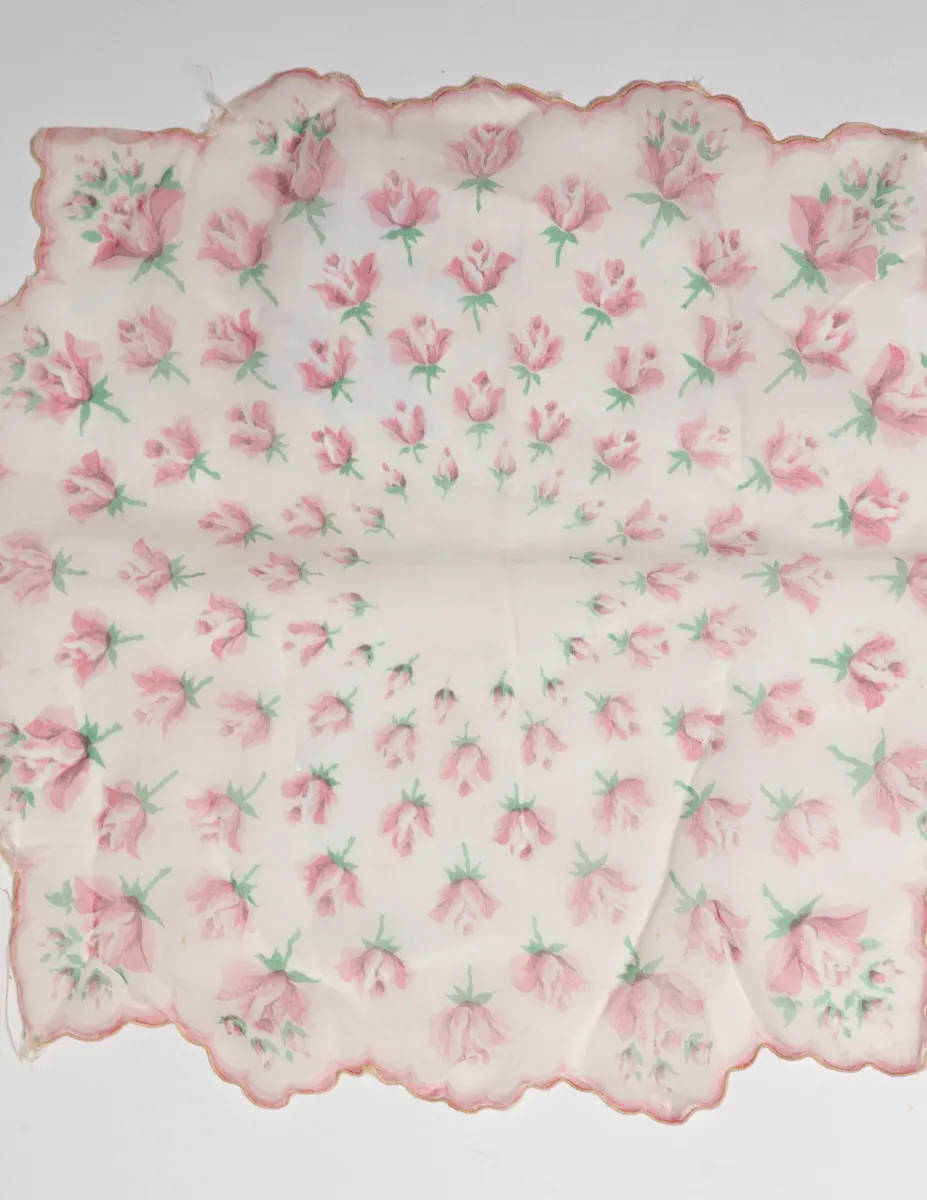 Silk Handkerchief, Hanky, White with Ascending Pink Roses from the Center
