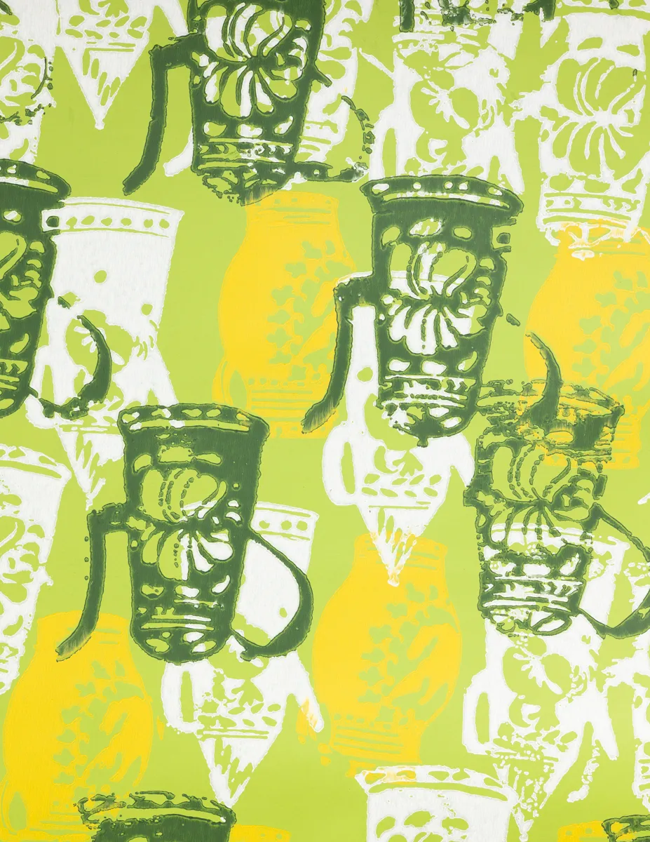 Lime Green Wallpaper with Stamped Tea Pots in Dark Green, White and Yellow