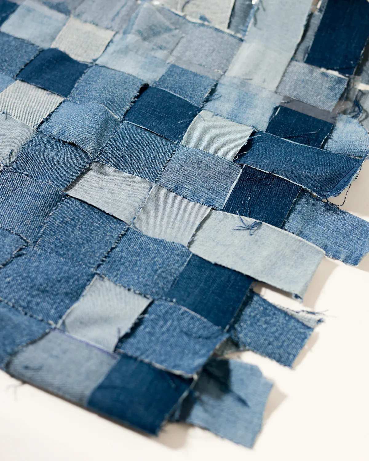 Handwoven Indigo Denim Patchwork Textile Panel Upcycled, Tabletop Photography, Surface, Backdrop