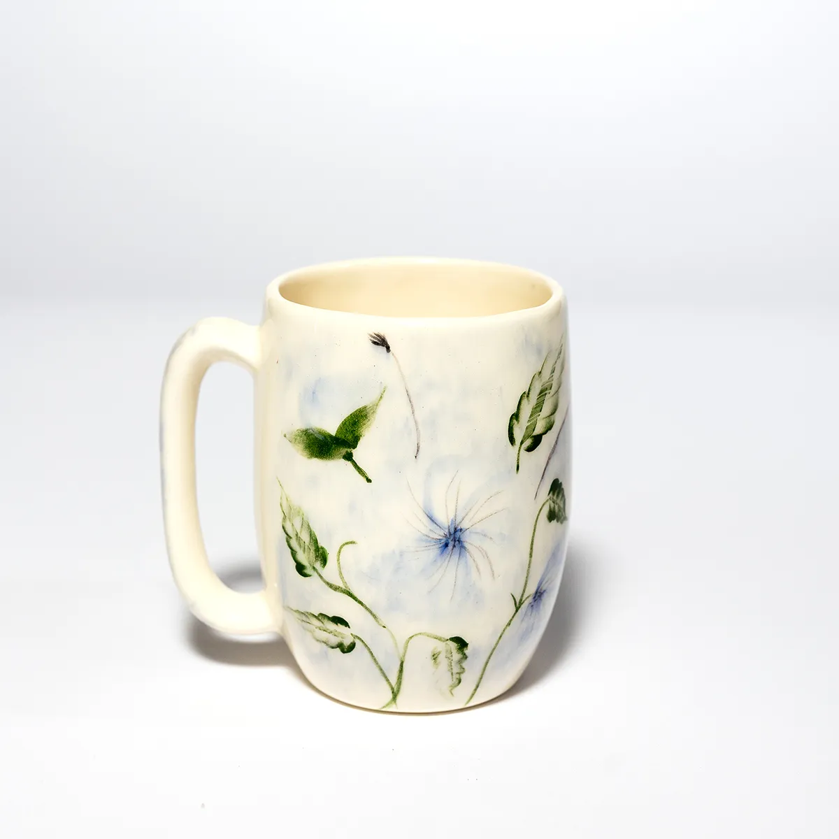 Off White Hand Painted Ceramic Coffee Cup with Blue Flowers and Greenery - 4.25" x 3"