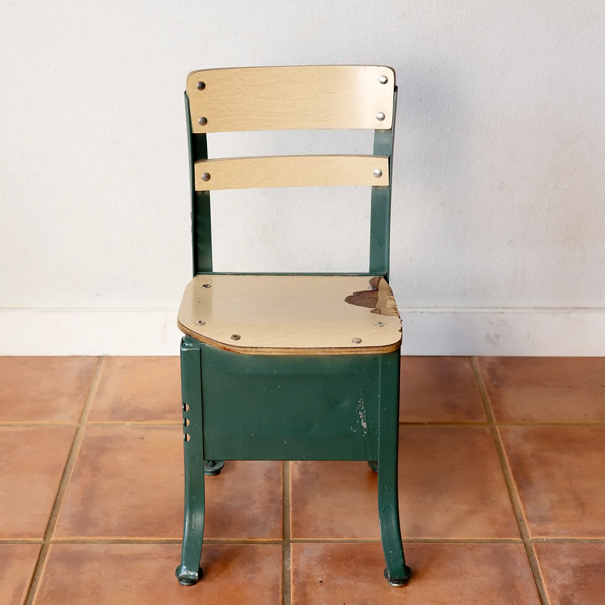 1950 classroom student metal desk chair with industrial green metal and bright birch seat and back rest