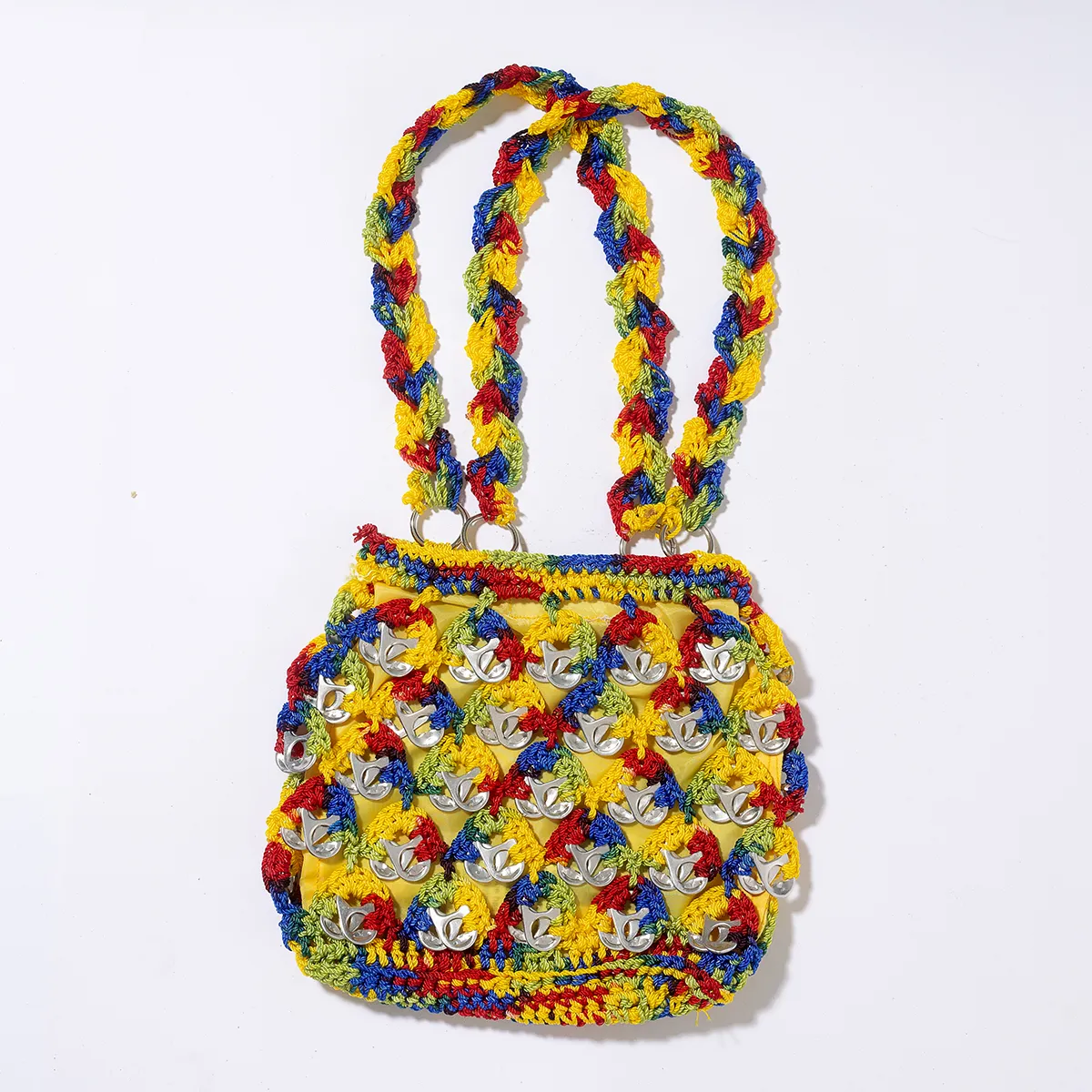 handmade crochet satchel hand bag with bottle caps - 7.5" x 8.5"