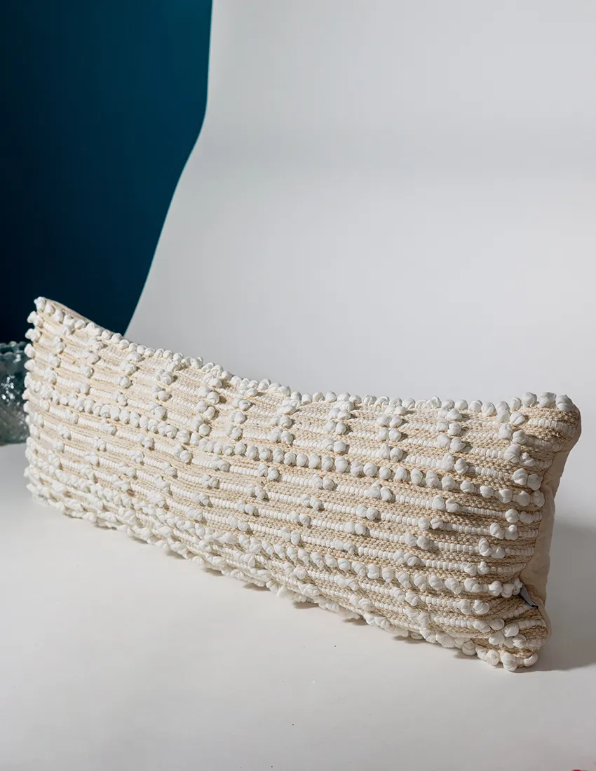 Long White Pillow with textured pom poms