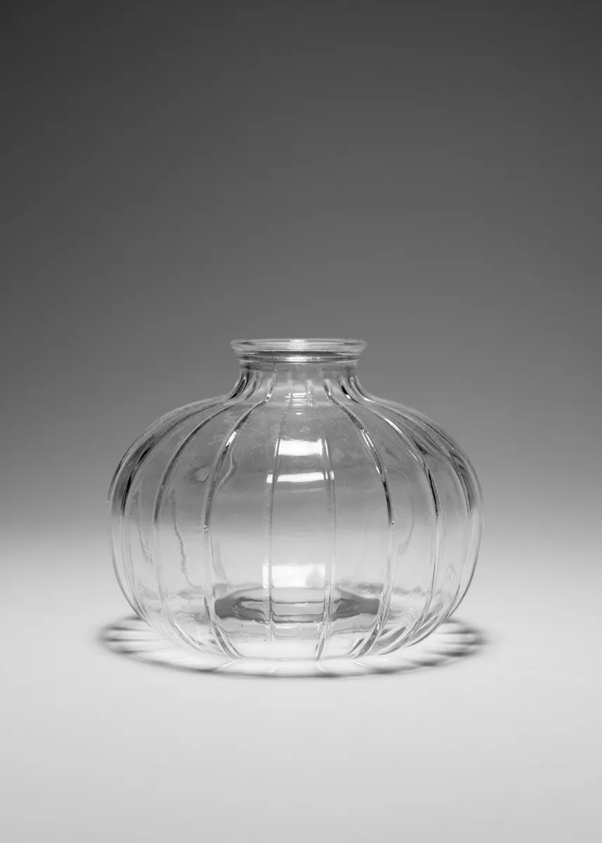 Small clear Bud Vase Bulb Shaped narrow opening with texture lines arond the outside