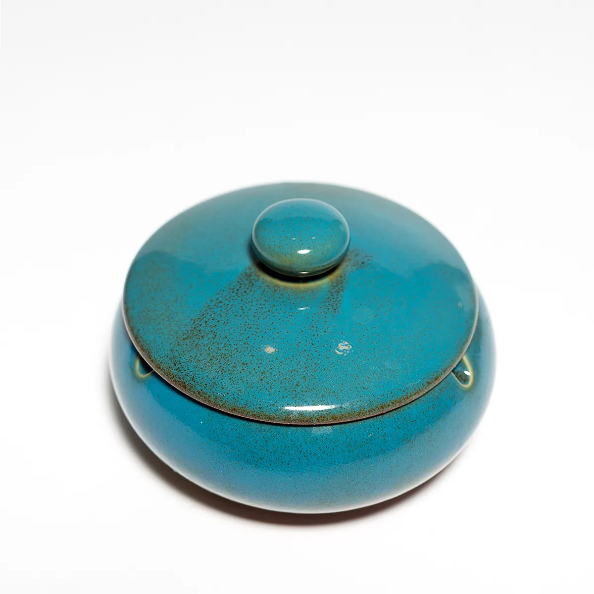 Blue Glazed Circle Ceramic Ashtray with a with lid - 