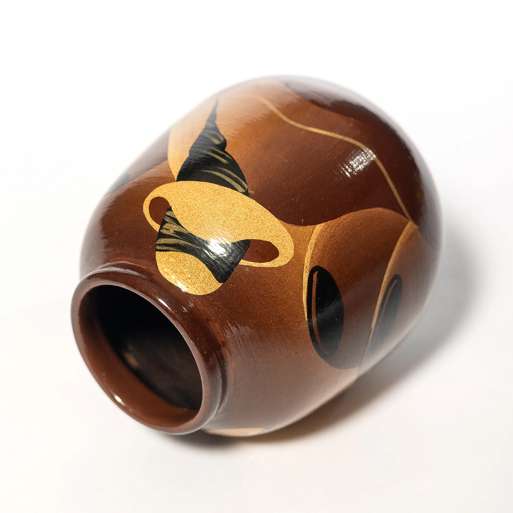 Peruvian Contemporary Hand Painted Vase Thrown Ceramic Pottery Large Brown Hats and Pottery - 4.5" x 5"