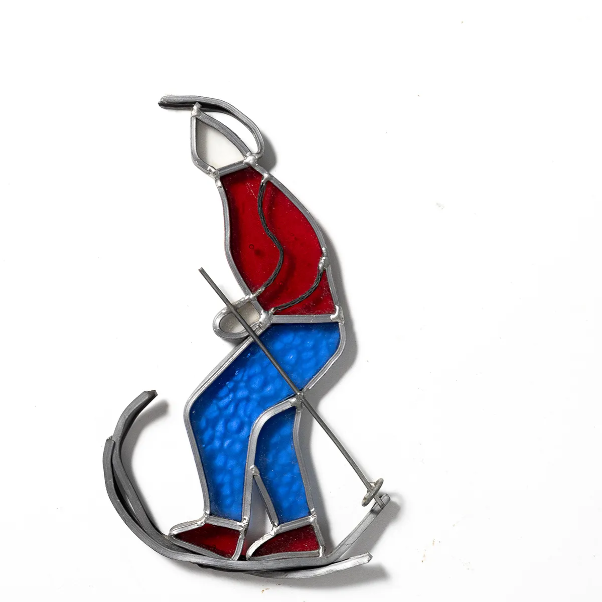 Handmade Stained Glass Snow Skier Red and Blue Winter, Christmas Decoration