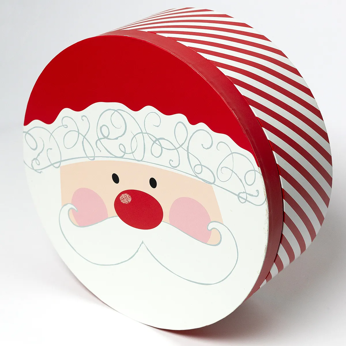 Round Christmas Gift Box Large with red and white stripes and Santa's Big Happy Face