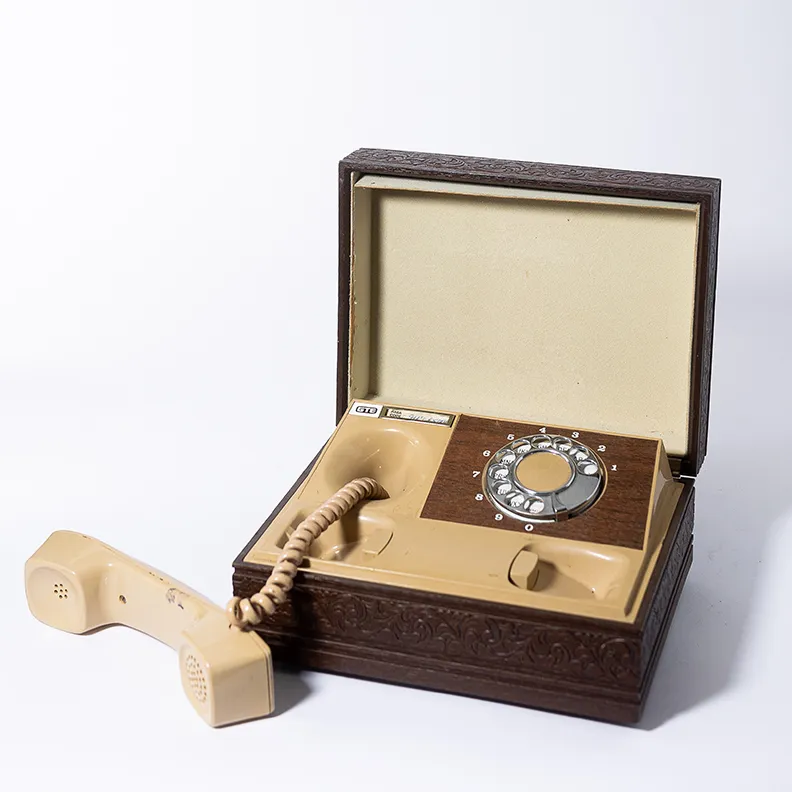 Vintage Bird Dog Beige Rotary Dial Corded Telephone in a Wooden Box