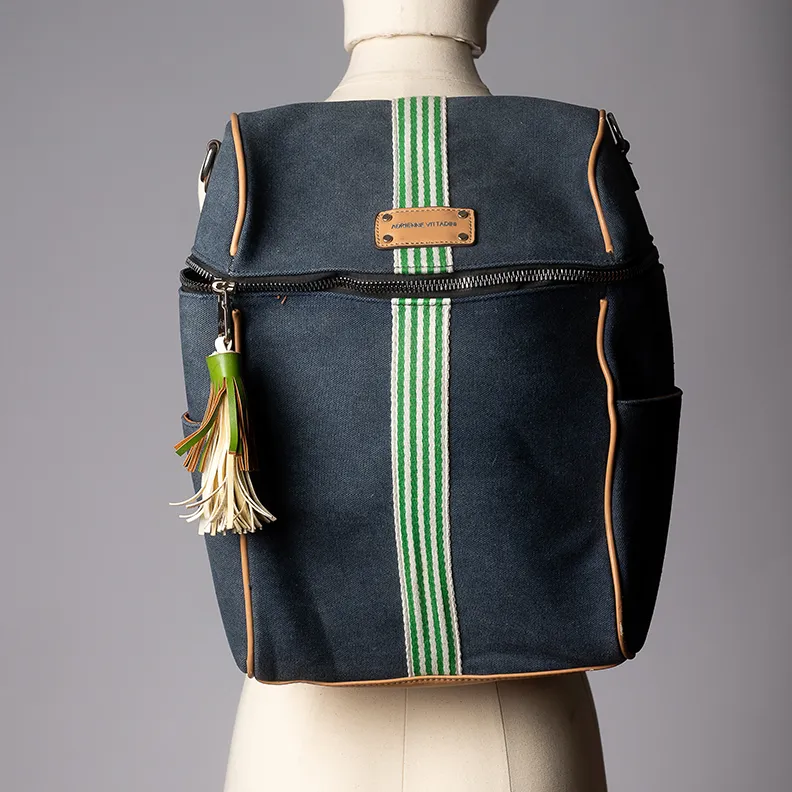 Backpack Blue Denim, Beige leather detail, Green and white cord - 16" x 12"