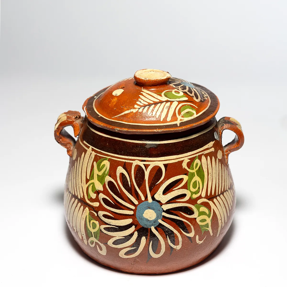 Large Antique Mexican Terracotta Food Pot with a lid and hand painted flower - 