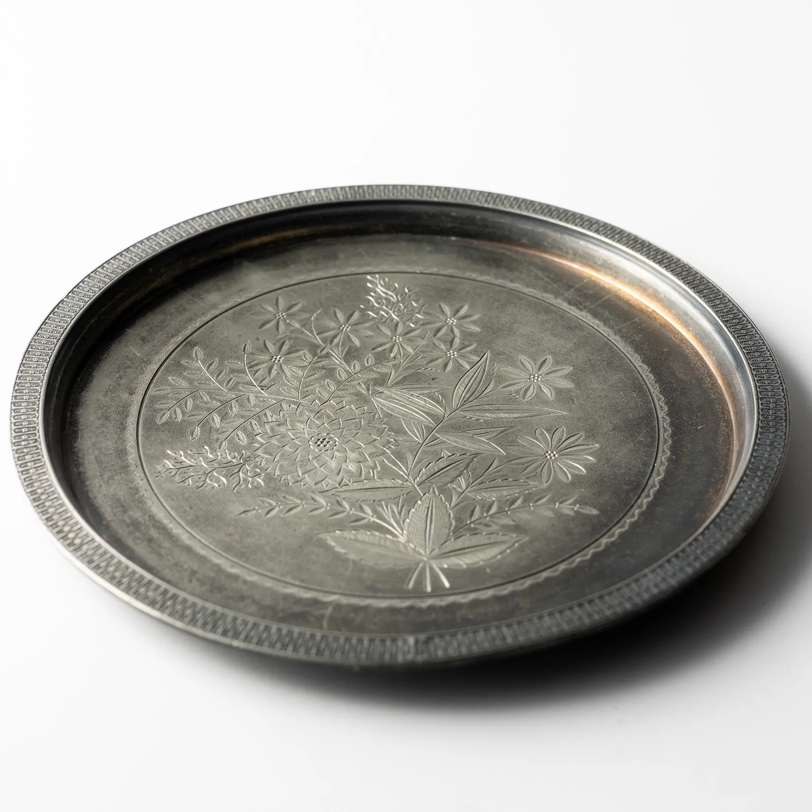 Heavy Silver Platter 60s era Stamping Around the edge and Etched Peonies and Daisies in the Center - 