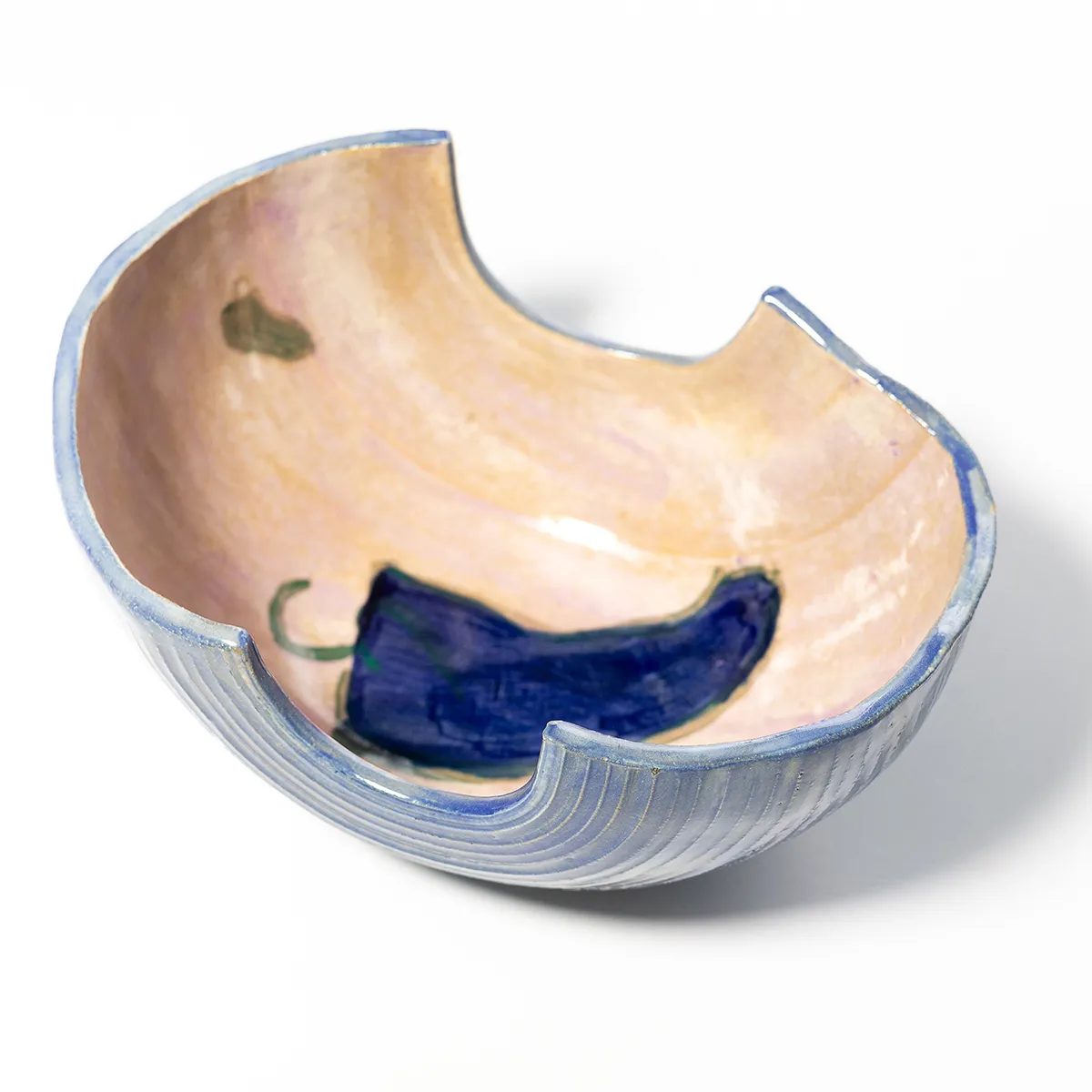 Hand Made Serving Bowl with built in spoon rests Blue and Pink, hand painted - 8" x 6" x 3.75"