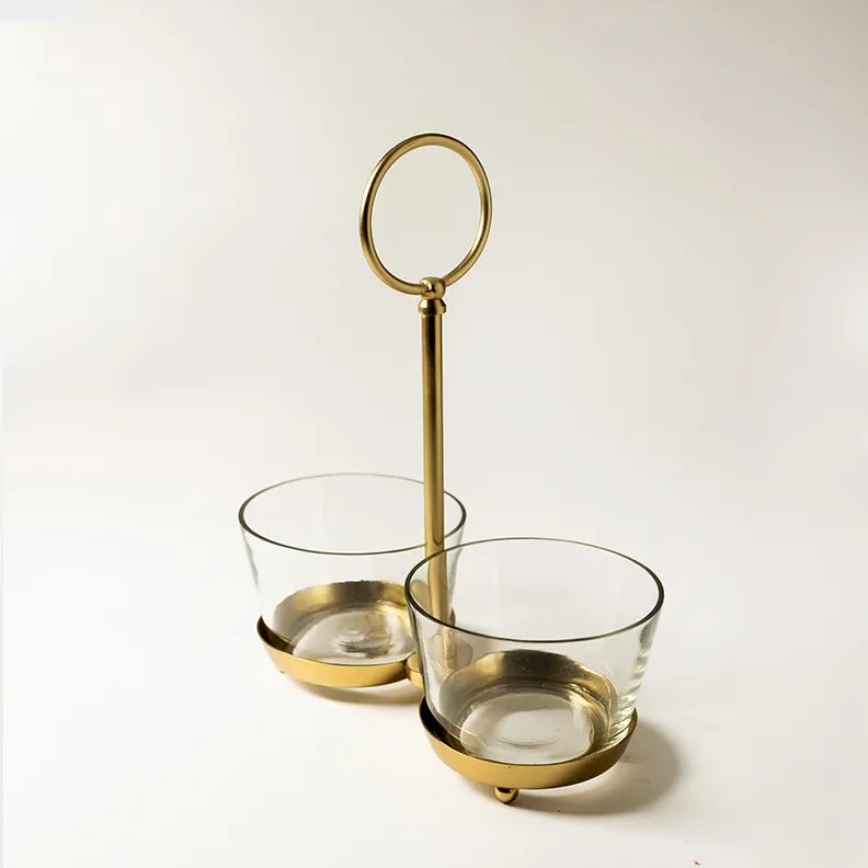 Brass and Clear Glass Nut or Sauce Bowls Round Handle - 9.5" x 10"