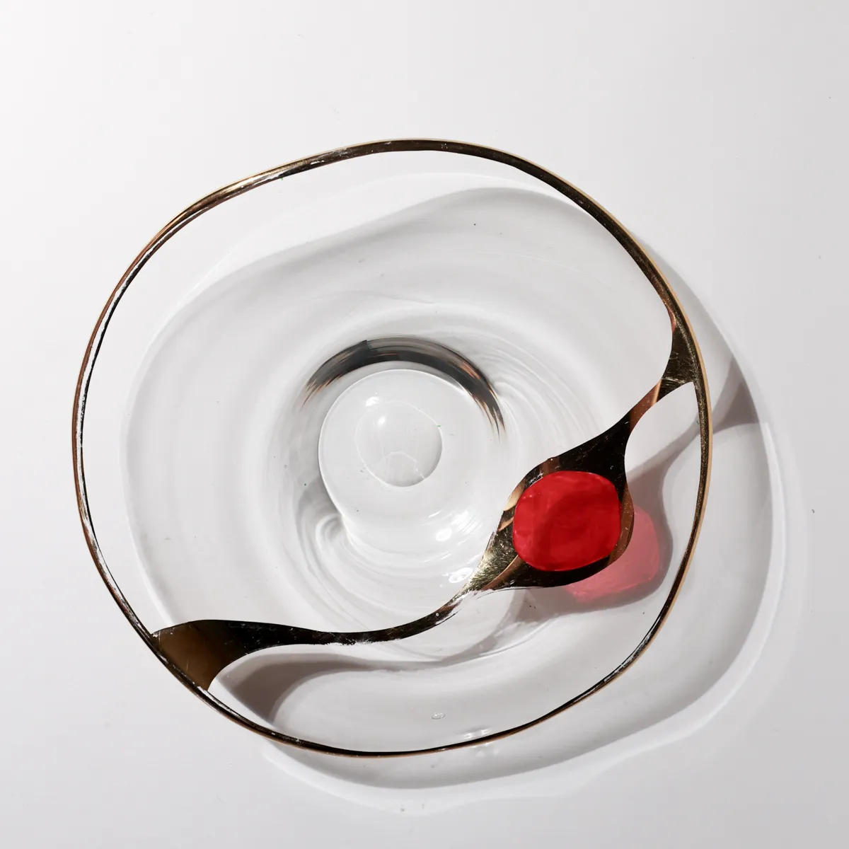 Mid-Century Gold Red Atomic Glass Decorative Bowl, Painted Wavy, Clear Glass