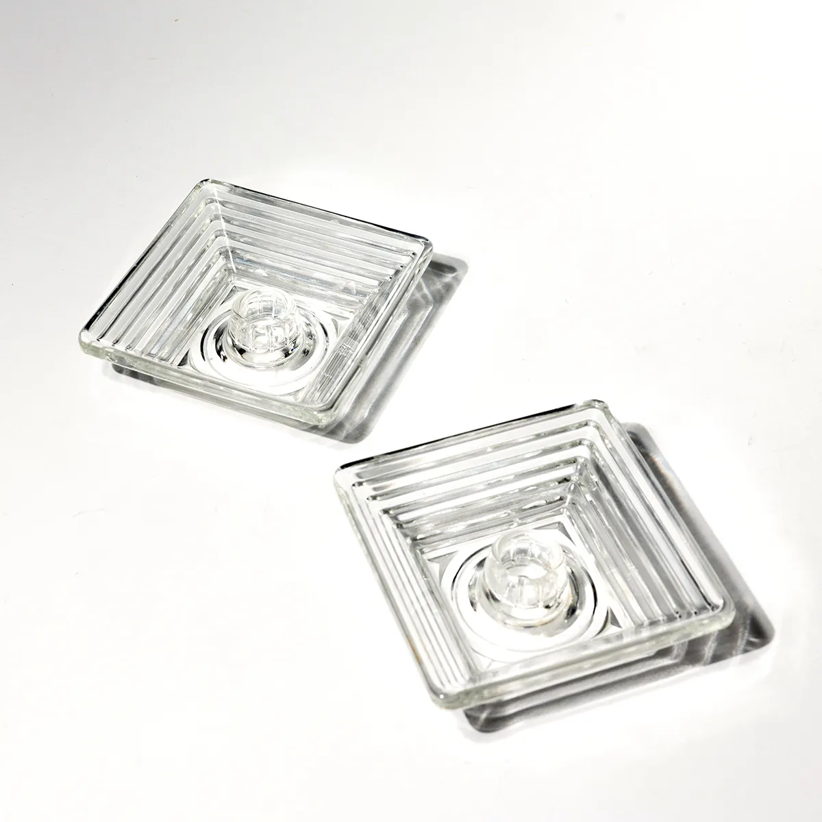 Pair of Vintage clear square pyramid art deco Manhatten Depression Glass Square Candle Stick Holders