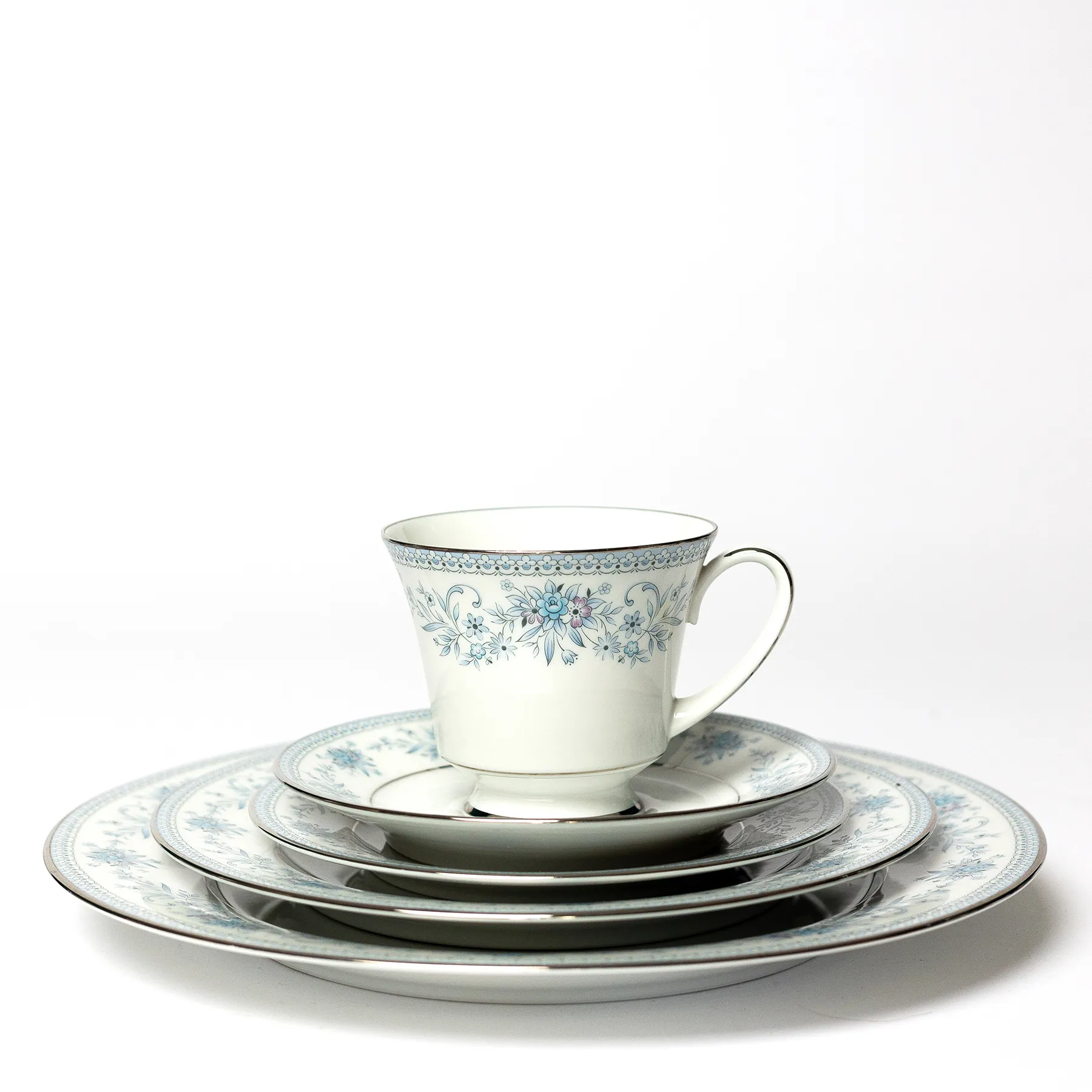 Fine China Blue Hill by Noritake Plate Contemporary Blue Hill Pattern Blue flowers with Silver painted Rim include dinner plate, salad plate, dessert plate, cup and saucer - 