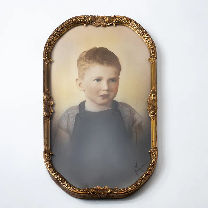 Antique Hand Colored Photograph of Boy in Curved Glass Gold Frame