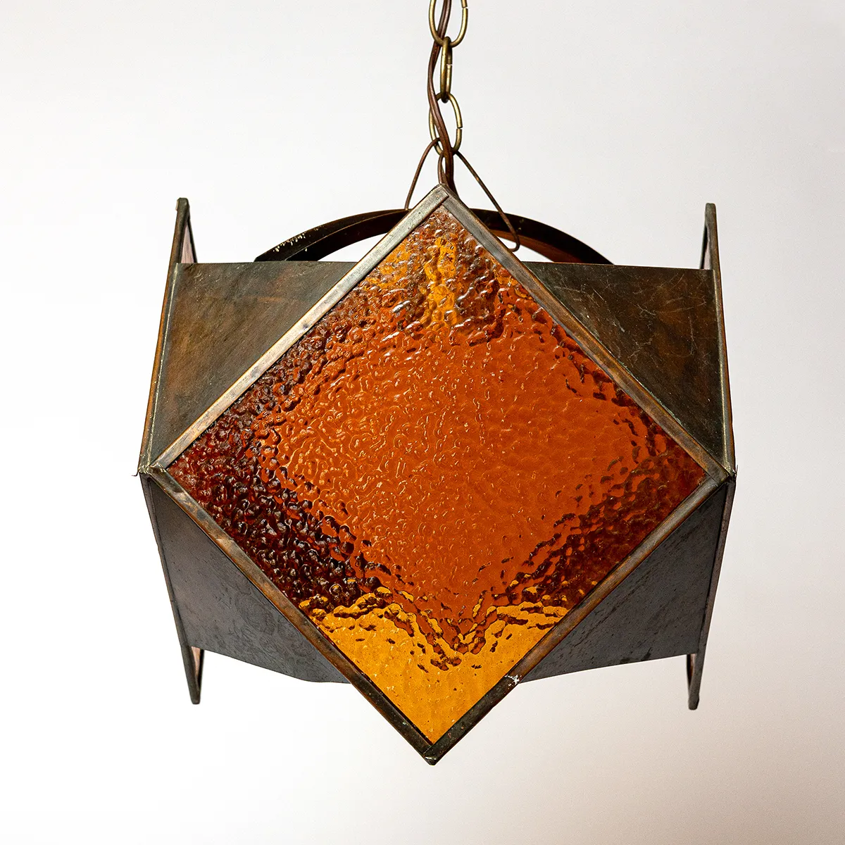Amber Orange Pendant Hanging Lamp with Square Plates of Wavy Glass Bronze metal fixtures 