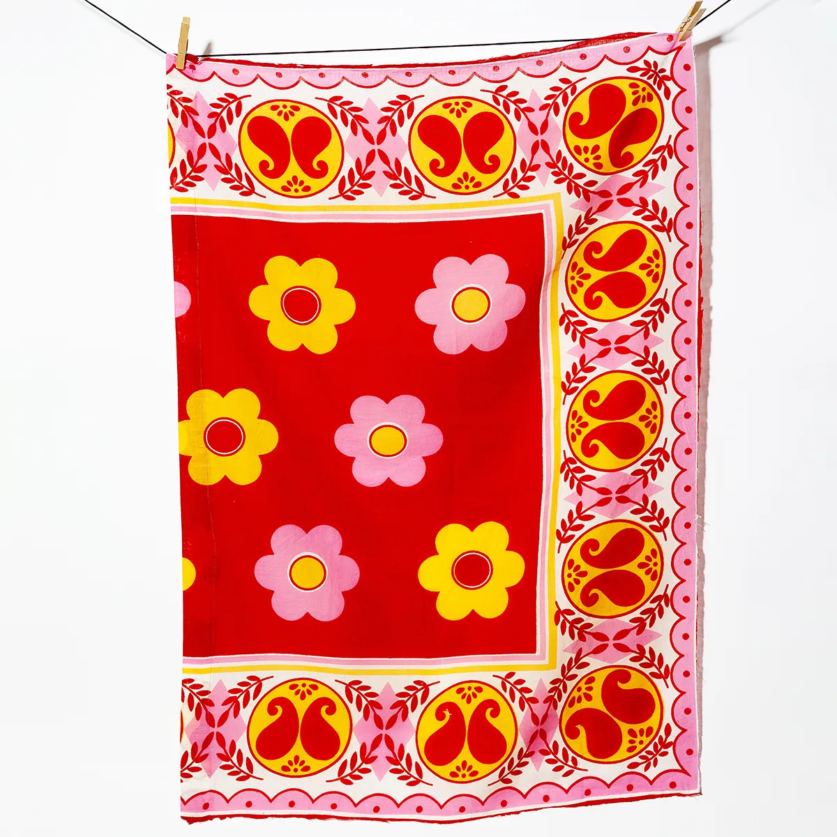 Surface Fabric: Mexican inspired fabric Red, pink and yellow flowers, red butterflies, tablecloth, fabric, surface - 21" x 49"