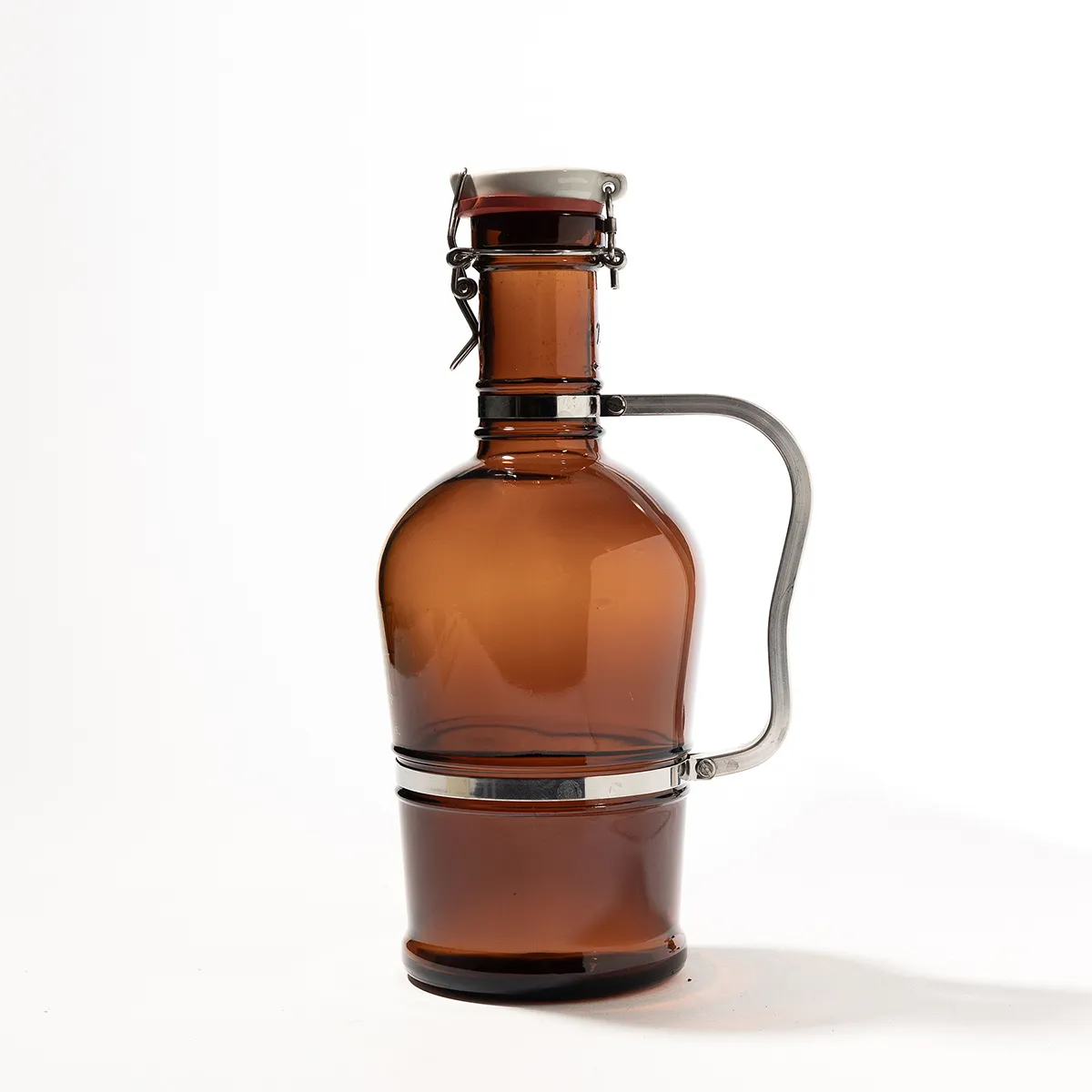 Large Brown Clear Glass Growler with Silver Metal Handle and White Porcelain Cap - 13" x 7"