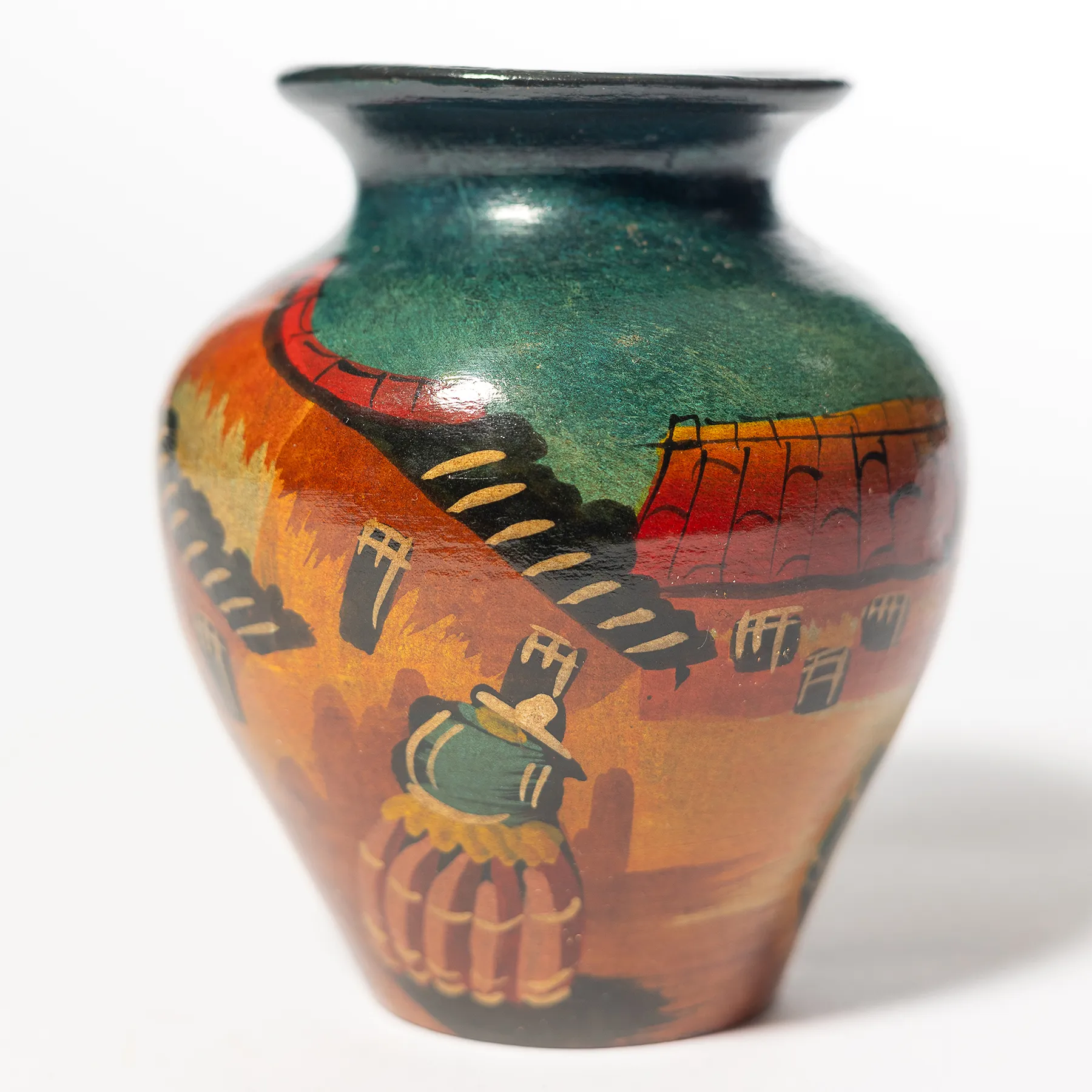 Peruvian Contemporary Hand Painted Vase Thrown Ceramic Pottery Women in An Alley of a Village - 