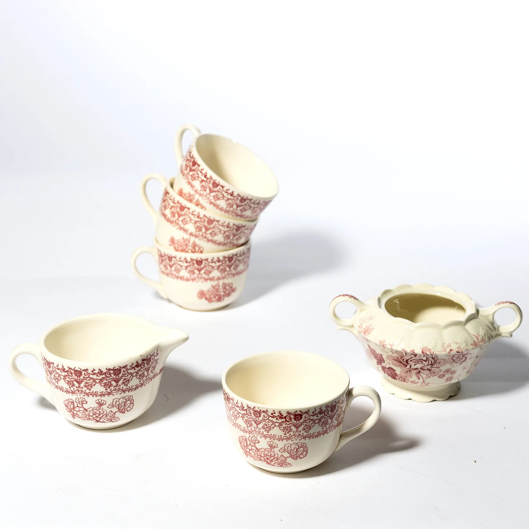 Red Royal China Cup Transferware Pink Floral Milk and Sugar - 