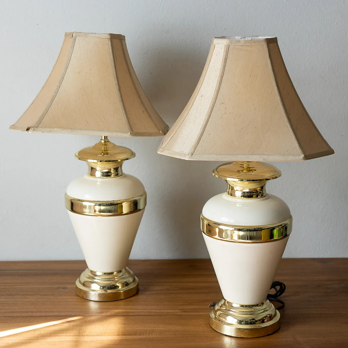 Cream and Gold Large Ceramic Side Lamps with Angular Cream Colored Shades