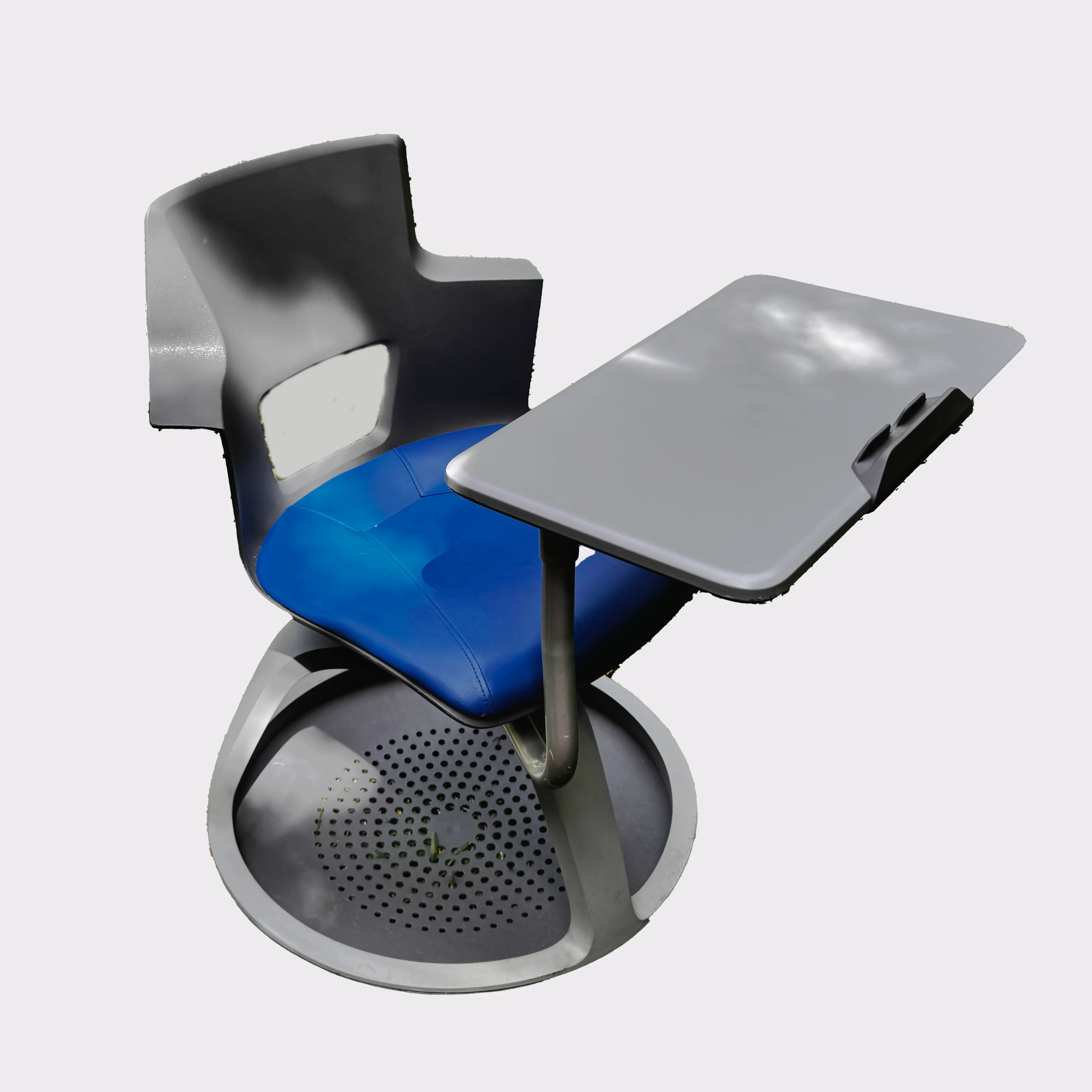 Gray Chair with attached Desk on wheels, Blue Leather Cushion, and Storage