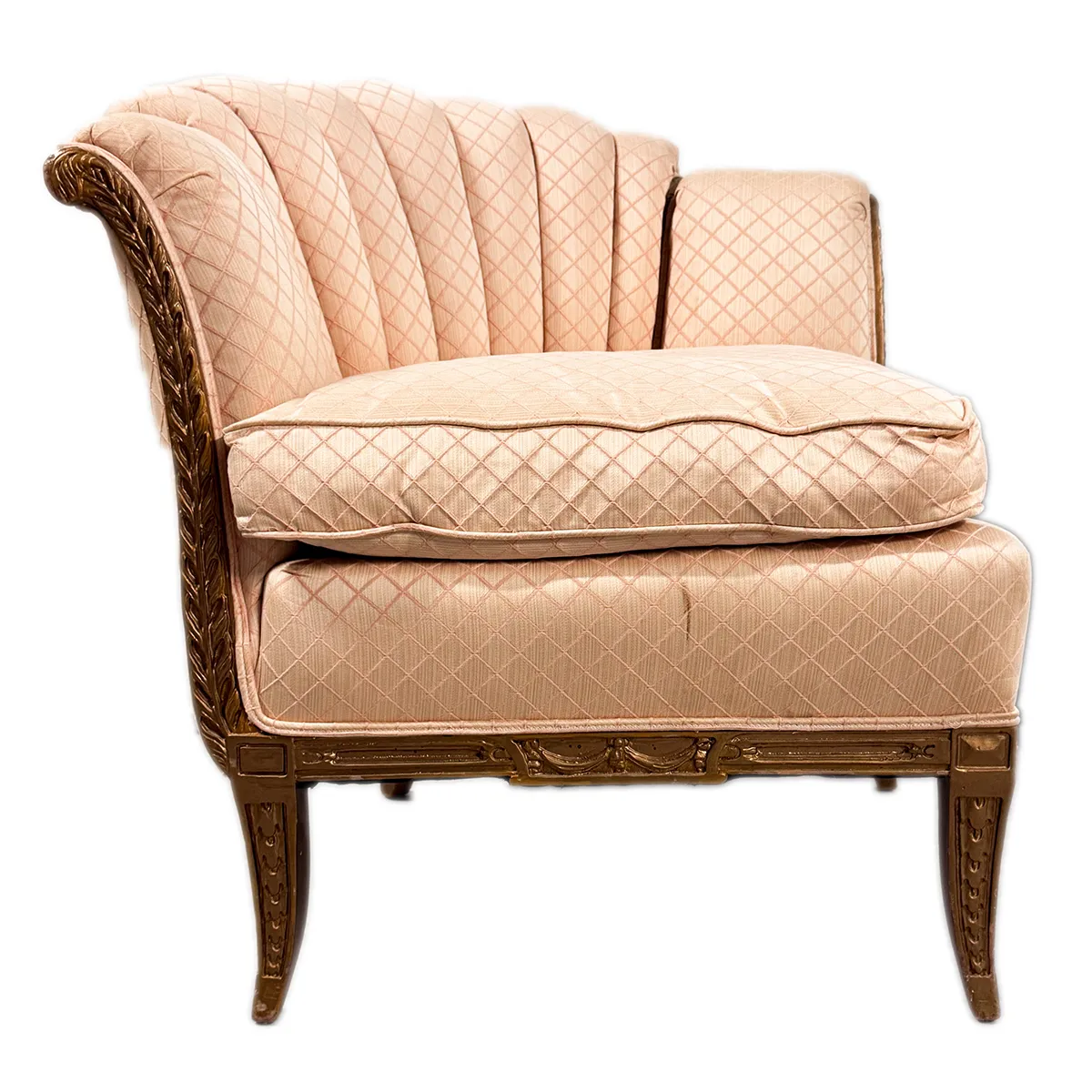 Fan Shaped Fluted Shell shaped Wingback chair Pale Pink Subtle Diamond Pattern with intricate carved wood legs and arm rests2