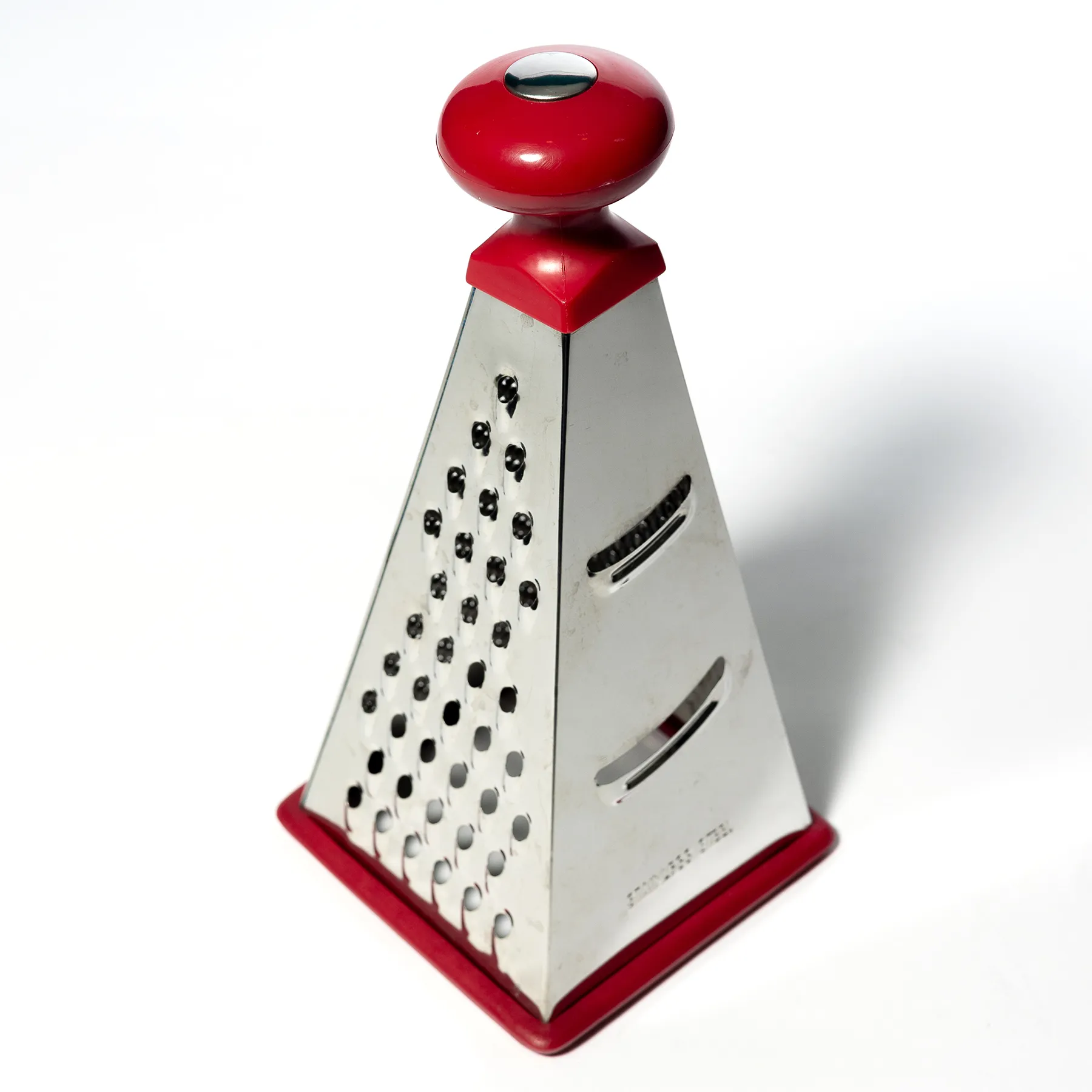 Stainless Steel Cheese Grater 4 side, Triangle, Red, Silver, modern, pyramid, prism - 10" x 4.75"