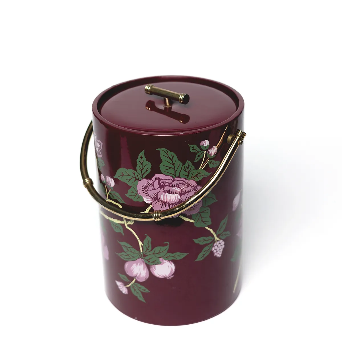 Vintage Mid Century Modern BARWARE by SIGMA Tall Ice Bucket Purple with Painted Purple Flowers Gold Bamboo like handles.