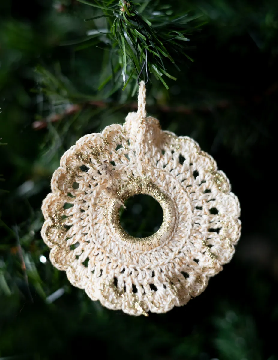 Christmas Tree Ornament: Cream Handmade Crocheted Wreath