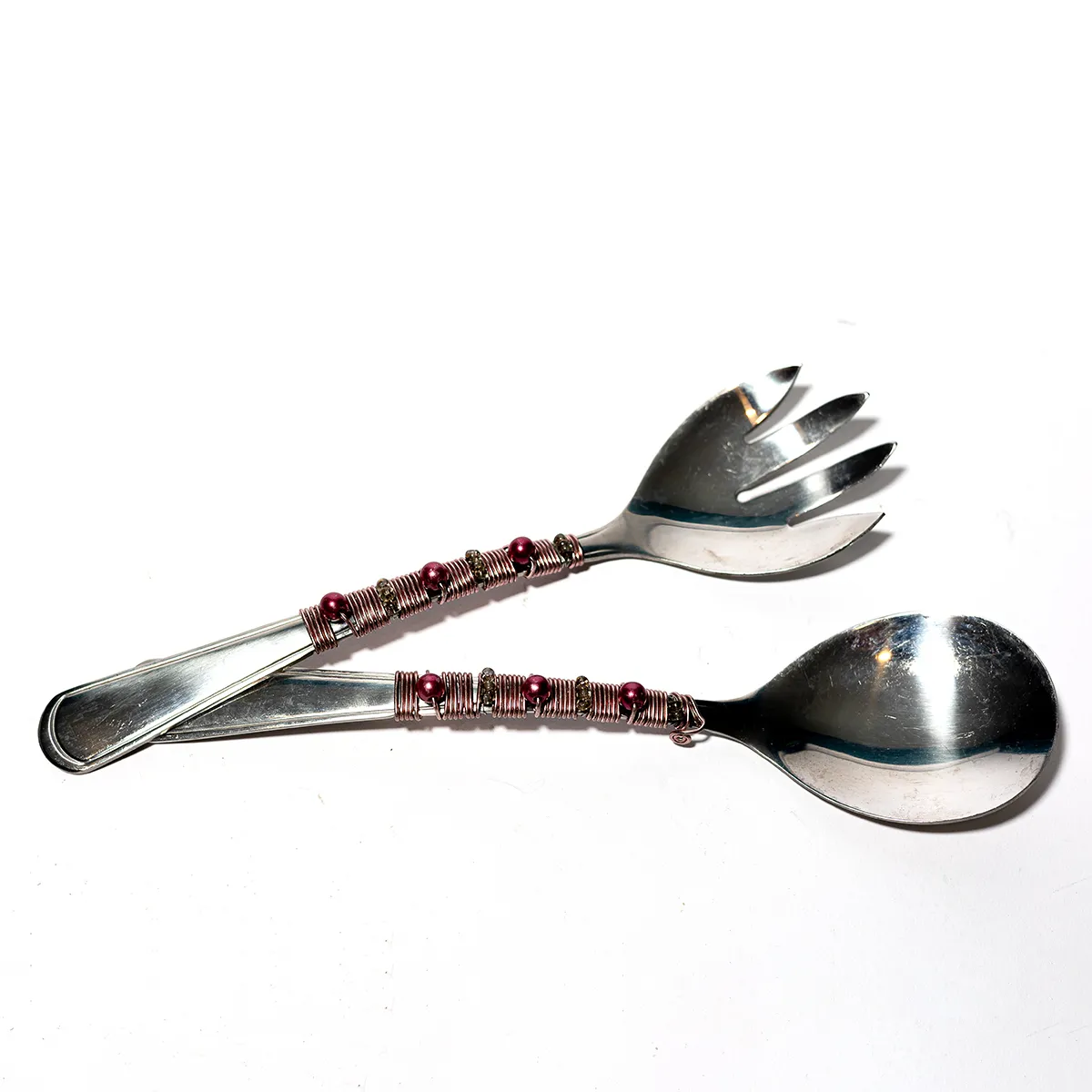Wild Eye Design Salad Servers Tongs Copper Wire with Pink and Clear beading