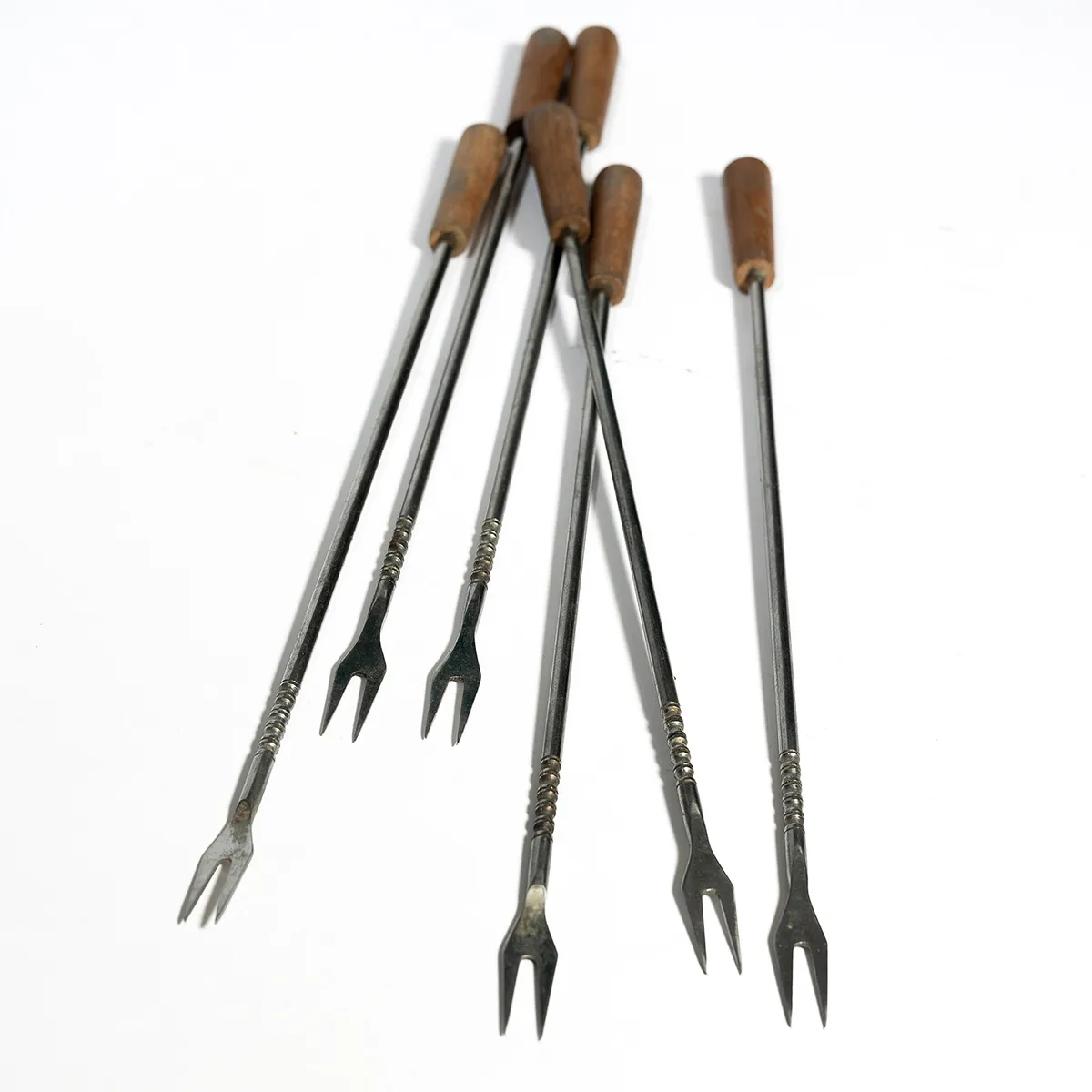 Fondue Forks Set of 6 Stainless Steel with Bamboo Wooden Handles, Vintage - 10"