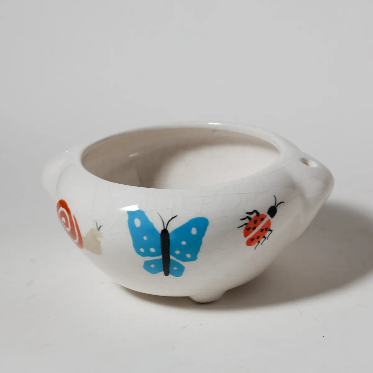 Mid-Century Crackle Glaze Garden Insect Ceramic Bowl