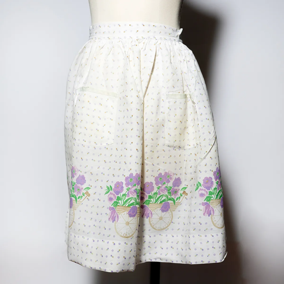 Kitchen Soft Goods: Hand Made Vintage Kitchen Apron small Purple  Flowers in a cart with brown edging - 48" around 23" tall