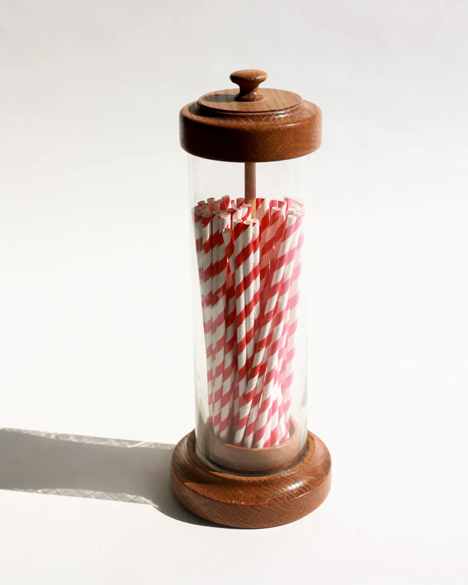 Vintage Soda Shop Straw Dispenser Oak Wood Top and Bottom