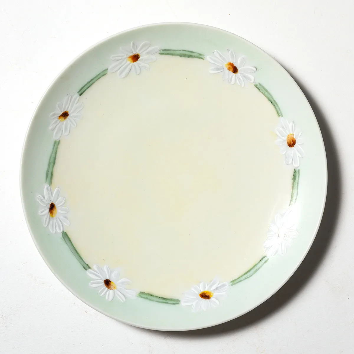 Hand Painted Dessert Plate Pale Green with White Daisies and Green Line 1923