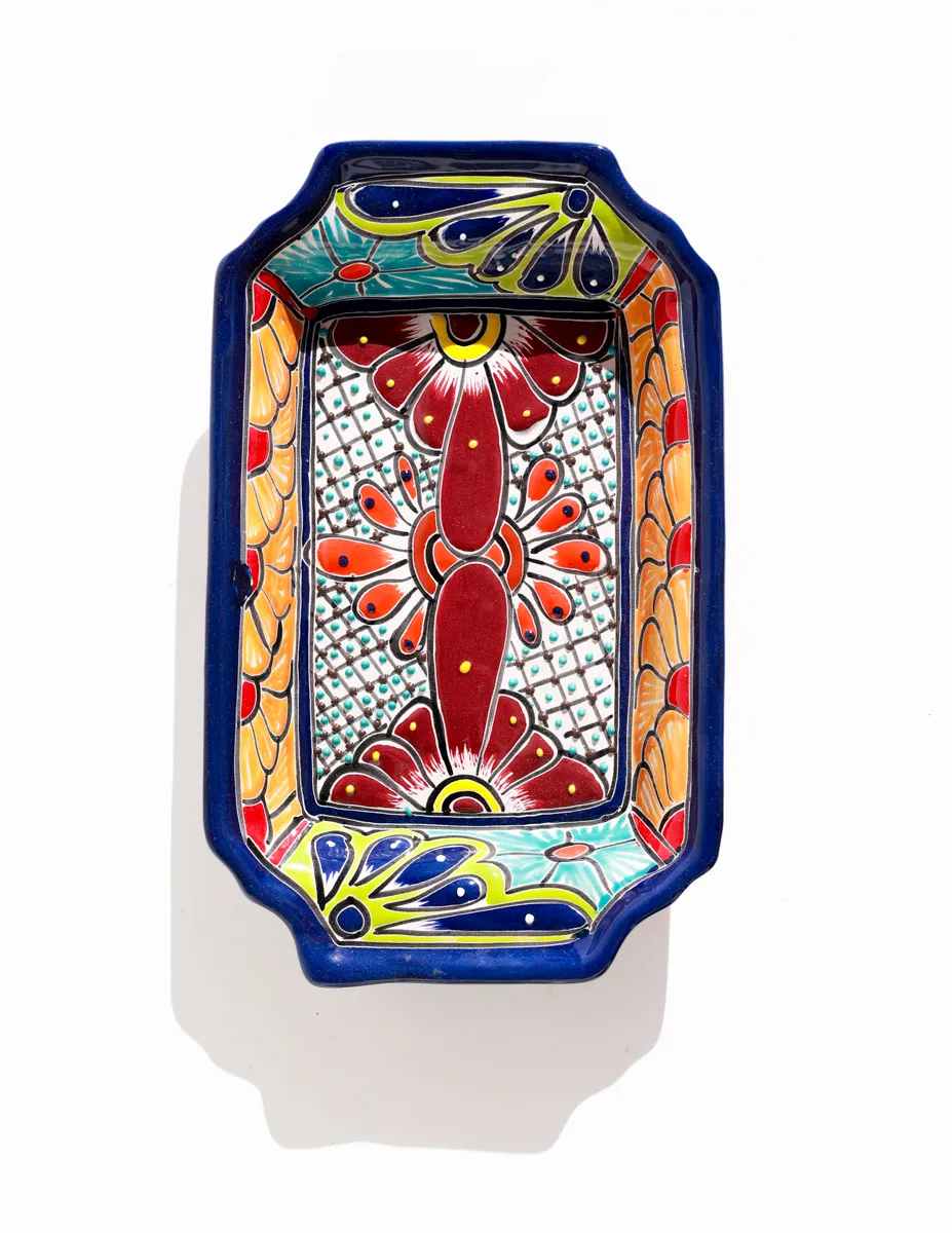 Handmade, vibrant Talavera rectangular serving platter with handles in the Margarita pattern, featuring a blue rim and floral design